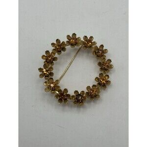 Vintage Circler Flower Amber Colored Stones Gold Brooch Pin Custome Jewerly